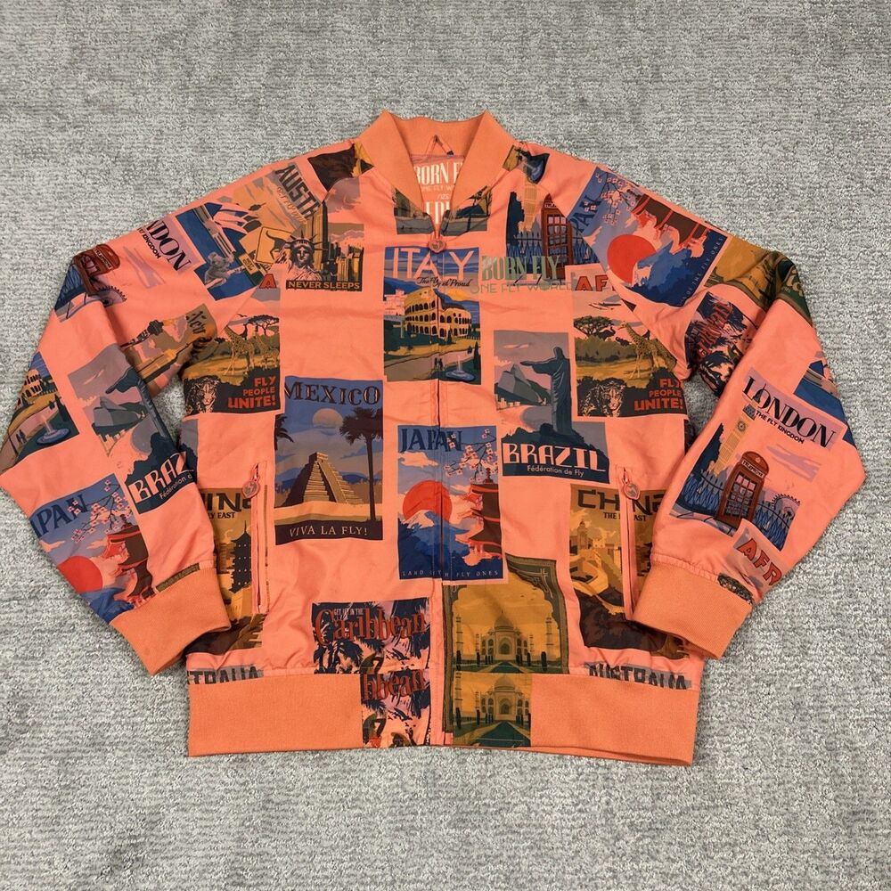 Born Fly Bomber Jacket Mens Medium All Over Print Graffiti Orange Countries